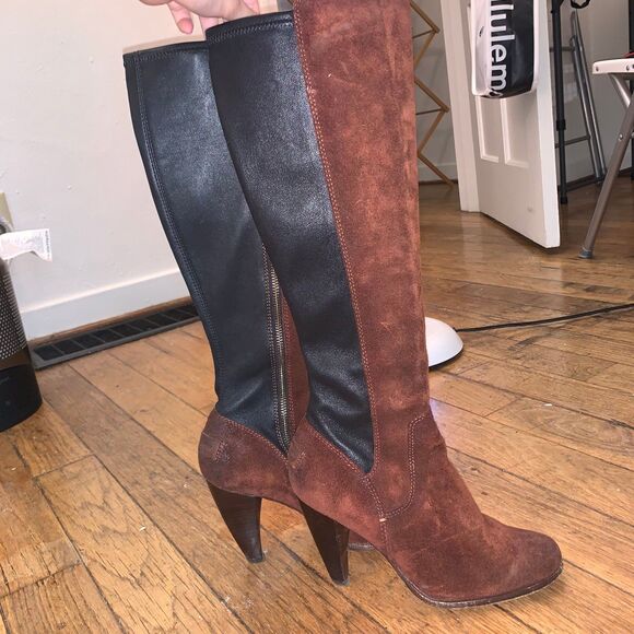 Vintage Frye Boot Rare Mikaela Brown Suede Black Leather Sexy Wooden Heel - Picture 6 of 10